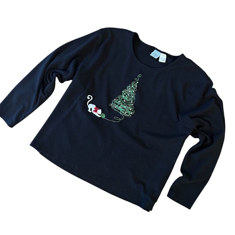 Cat Christmas Tree Beaded Embroidered Holiday Long Sleeve Tee Size 2XL XXL